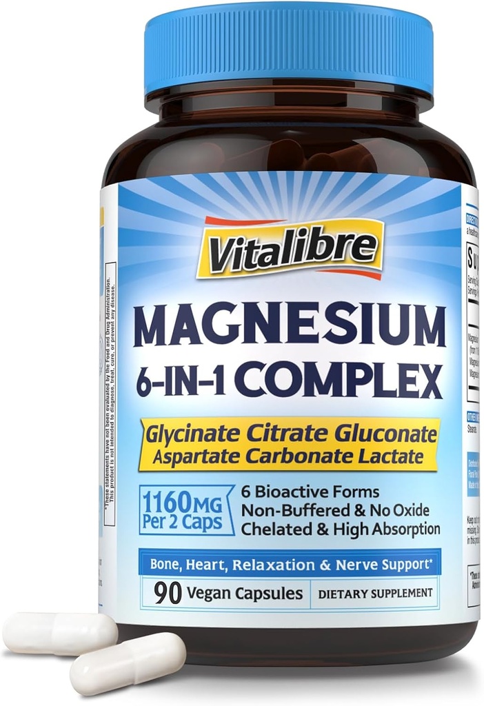 Magnézium Complex Supplement 6 in 1, 1160mg Súvisiace horčík pre Max Absorpcia, Pomoc s lepším spánkom, Relaxácia a Nerve Pokoj, 90 Vegan Kapsule, Non GMO & Gluten Free