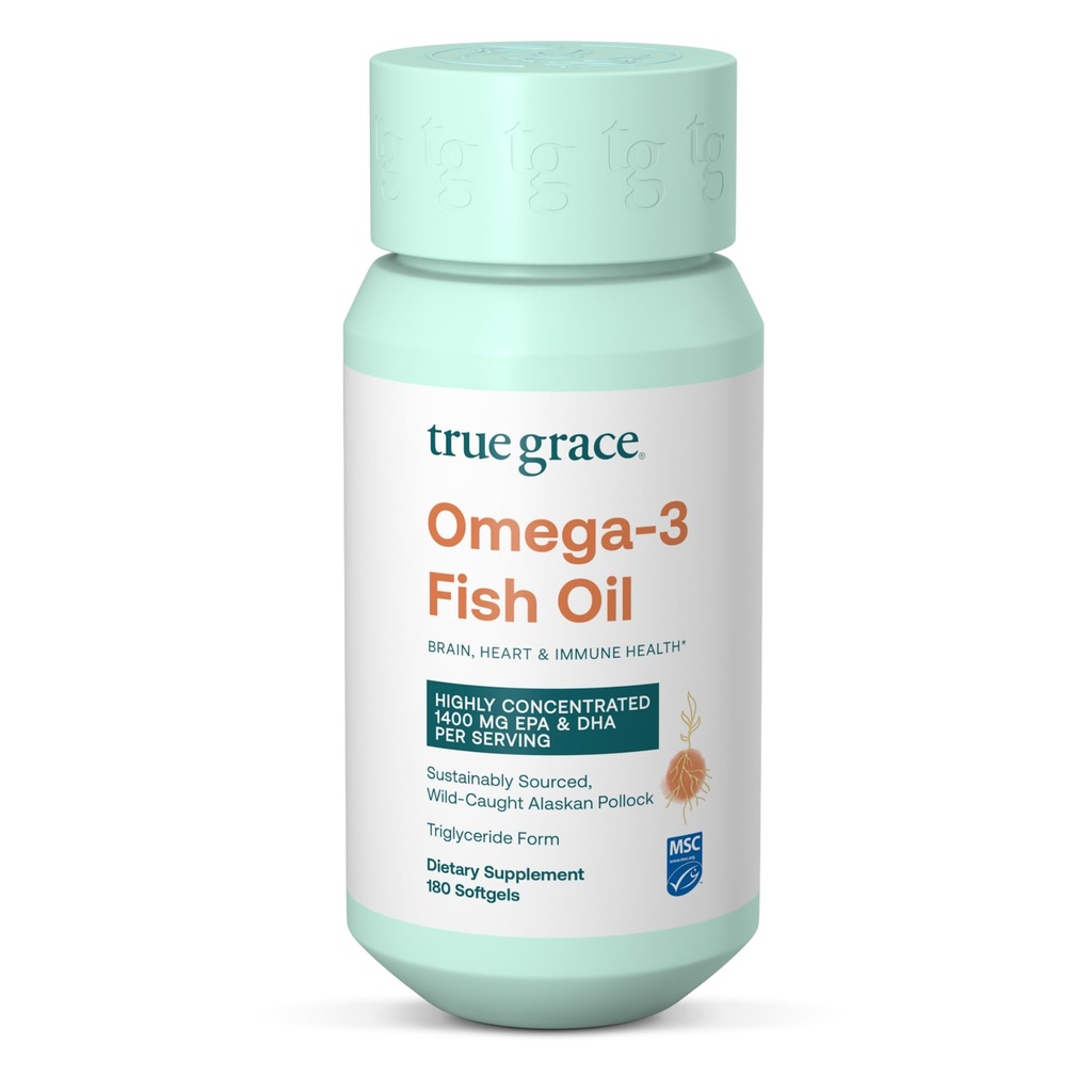 Pravá Grace Omega-3 rybí olej - 180 Softgels - 1400 mg EPA + DHA - mozog, srdce, spoločné a imunitné zdravie - organické, bez lepku, bez sóje