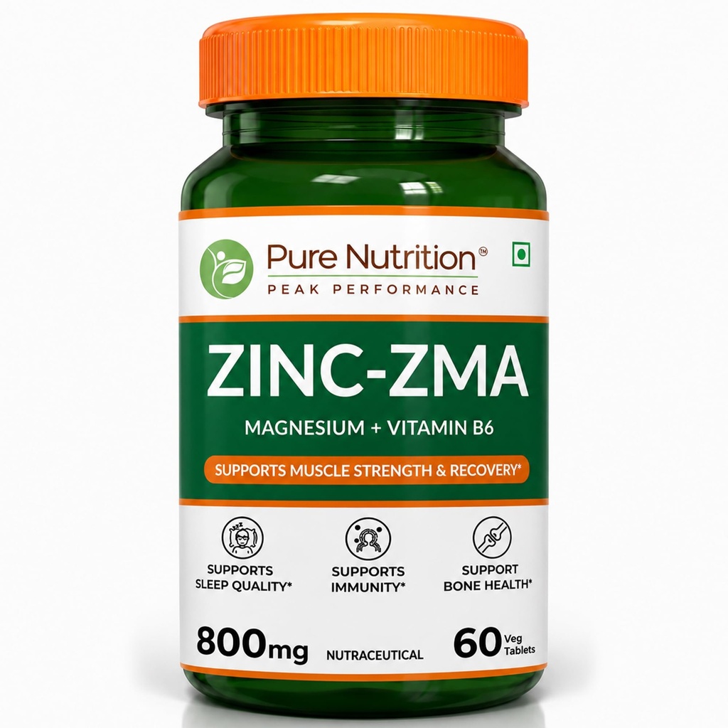 Pure Nutrition Zinc ZMA – 60 Veg Tablets | 800mg Zinc, Magnesium Aspartate & Vitamin B6 | Supports Muscle Recovery, Bone Strength & Deep Sleep | Boosts Energy, Testosterone & Immunity | Ideal for Athletes & Active Lifestyles