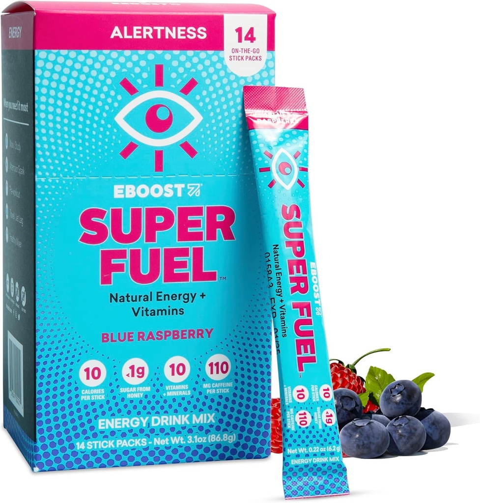 EBOOST Energy Drink Powder, Super Fuel - Modrá Malina, 14 Balíčky - Predpráškový Powder Energy Drink Mix - Prírodná energia, L-Tyrosine, L-Theanine & Vitamíny - Preworkout pre ženy a mužov ísť