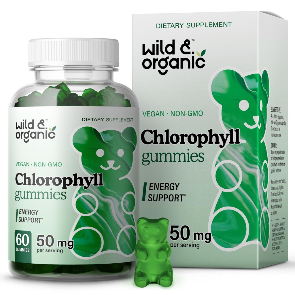 Wild & Organic Chlorofyl Gummies 50mg - Detox Cleanse Supplements w/Sodium Copper Chlorofyllin - Internal Deodorant w/Chlórofyll Powder - Vegan, Non-GMO - 60 Bylinné žuvačky