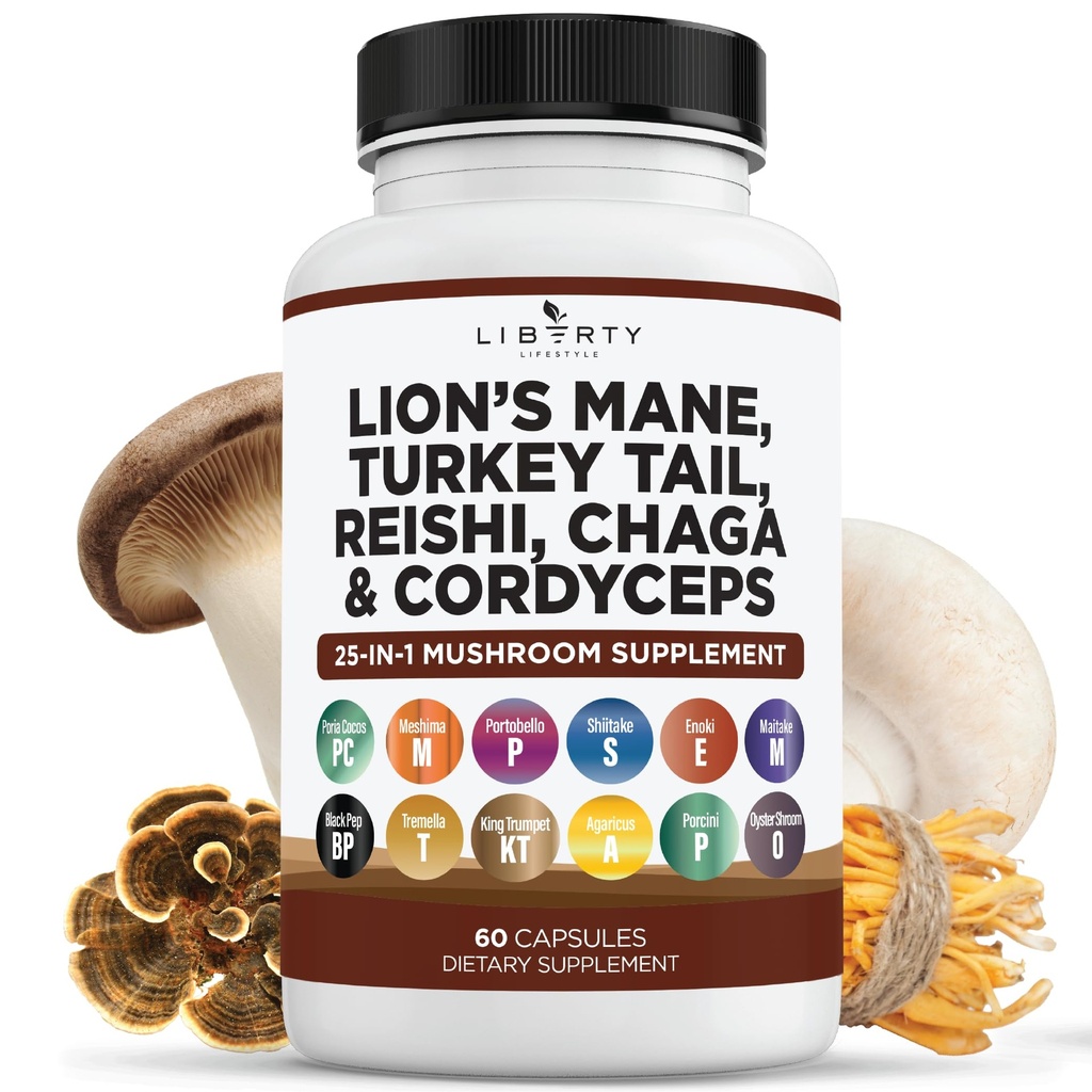 Lion Mane Huba doplnok s Tureckom chvost Reishi Cordyceps Chaga s marshmallow koreň - 1-Pack
