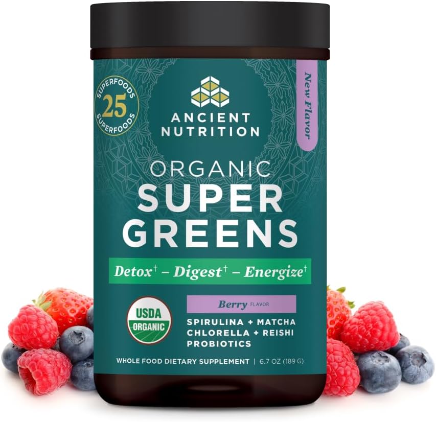 Staroveká výživa Supergreens Powder s probiotikami, Organic Berry Flavor Greens, vyrobené z reálneho ovocia, Zelenina a bylinky, trávenie a energetická podpora, 25 Servisov, 6.7oz