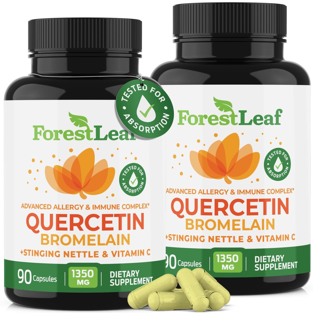ForestLeaf Quercetin s hypromelínom - 1350 mg Zmes s vitamínom C & Stinging Nettle, Advanced Quercetin 500mg Supplement, non-GMO Gluten Free, Natural Immune & Respiratory Function 180 Veggie Kapsule