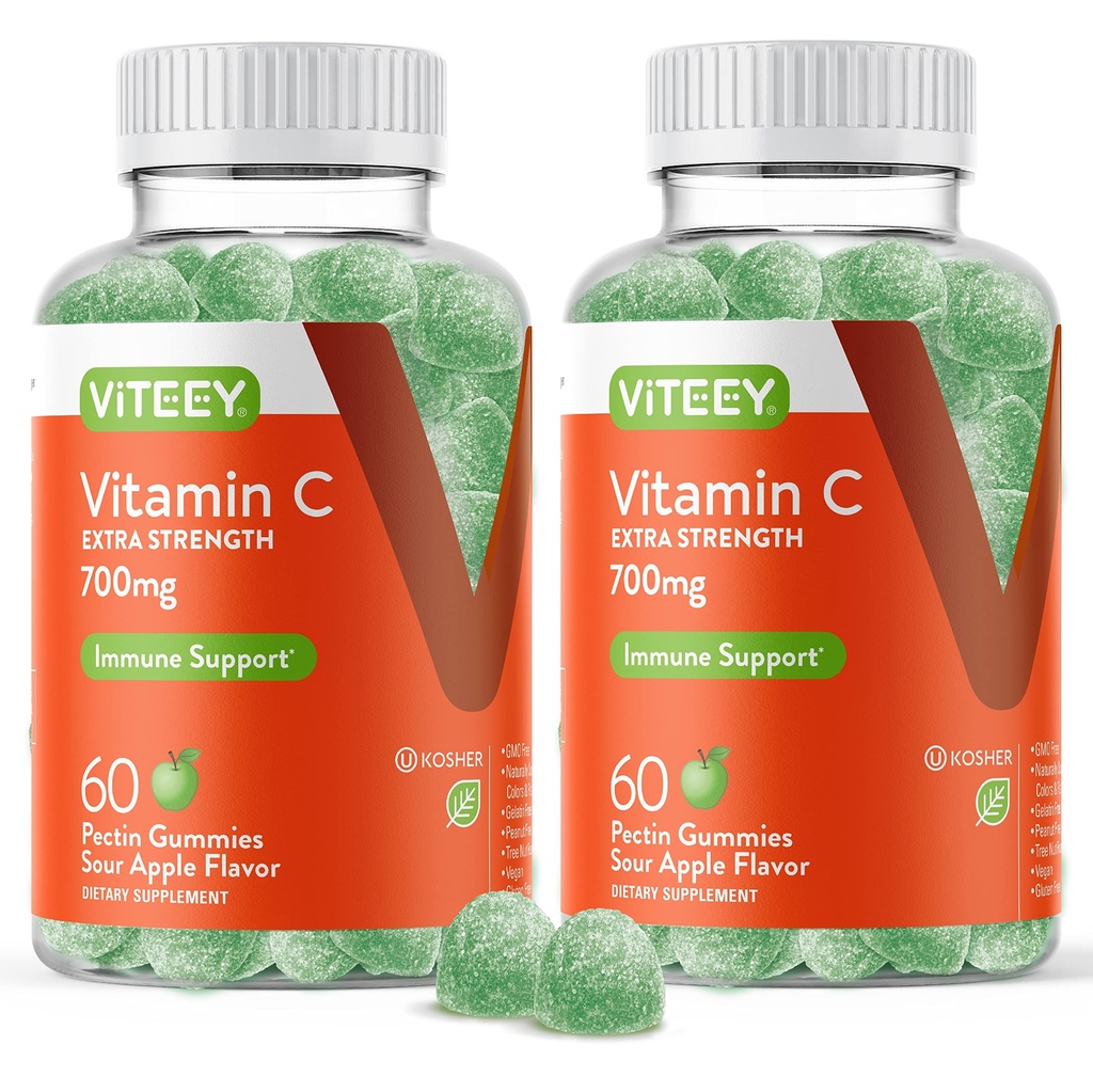 Viteey žuvacie vitamín C Gumies pre dospelých - 700 mg Extra sila Immune Suplement - Vegan, Gluten Free - 120 Počet