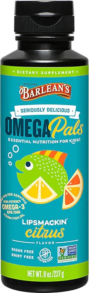 Barlean's Omega Pals Lipsmackin' Citrus Ochutený Omega-3 pre deti, Yummy detský tekutý rybí olej doplnok s 750 mg EPA & DHA pre zdravie mozgu a očí, 8 oz