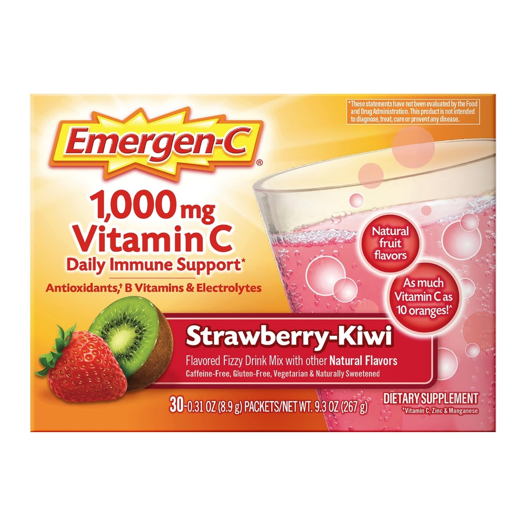 Emergen- C 1000 mg Vitamín C Imunitná podpora Prášok Jahodový Kiwi 30CT obsahuje zinok, mangán, 7 B Vitamíny a elektrolyty pre Späť do školy Essentials