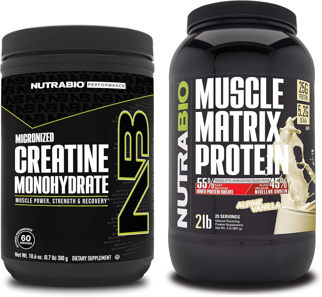 NutraBio Creatin Monohydrát, Neochutený, (300 g) a svalovej Matrix Proteín prášok, (Vanilla) doplnok Bundle 