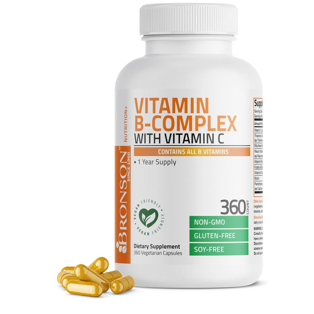 Bronzon vitamín B komplex s vitamínom C - Imunitné zdravie, podpora energie a nervový systém - non-GMO, 360 Vegetariánske kapsuly