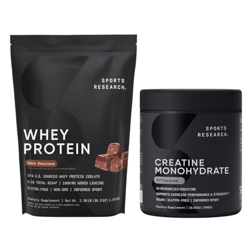 Športový výskum® Kreatín Monohydrát (10,58 oz) a holandská čokoládová srsť proteín (2 lbs), Dynamic Duo pre Lean Muscle Building, lepší výkon a sila a cvičenie zotavenie