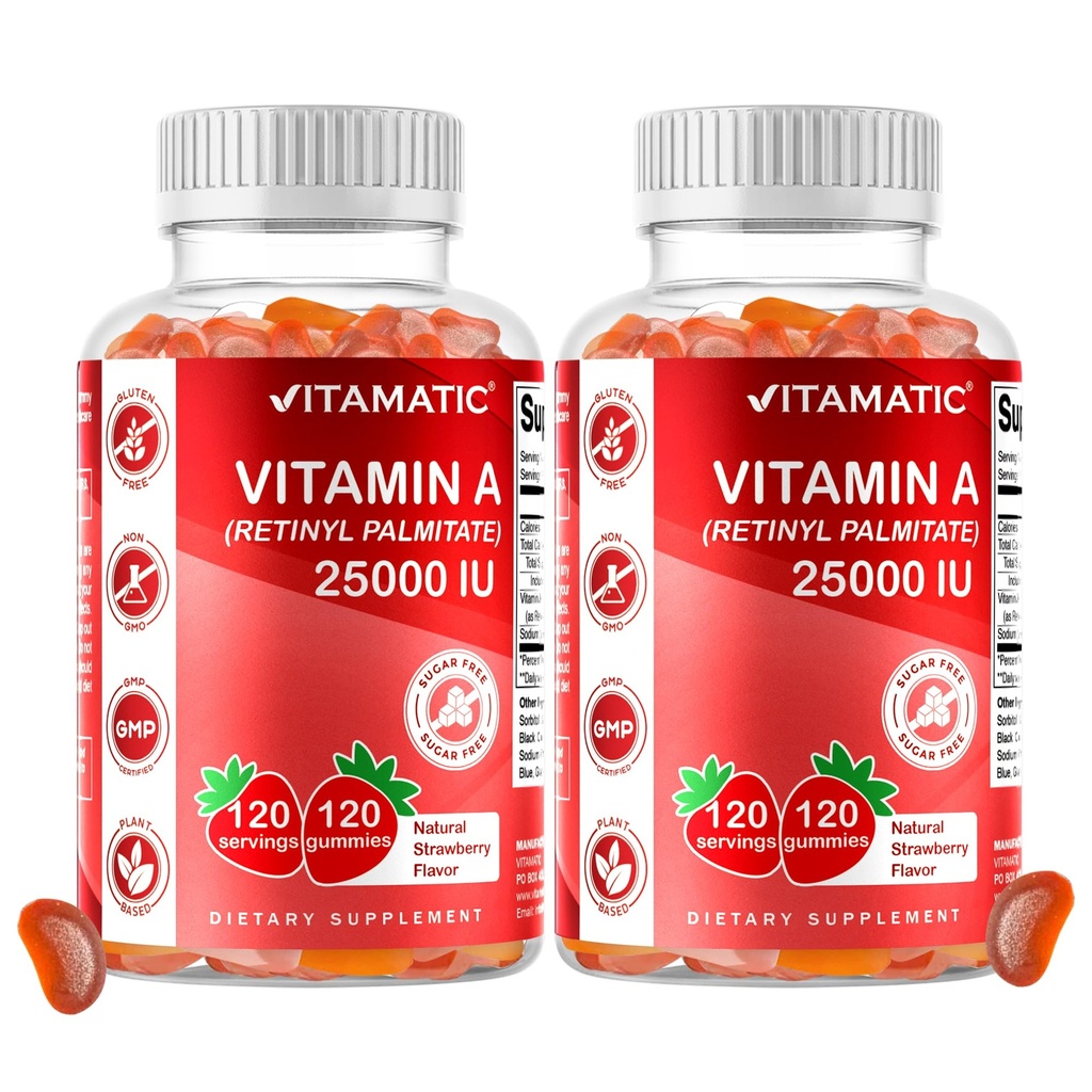 Vitamatic Cukor Bez obsahu vitamínu A 25000 IU Gummy (Retinyl palmitát) - prírodná jahodová príchuť - 120 pektínové Gumičky (2 fľaše)