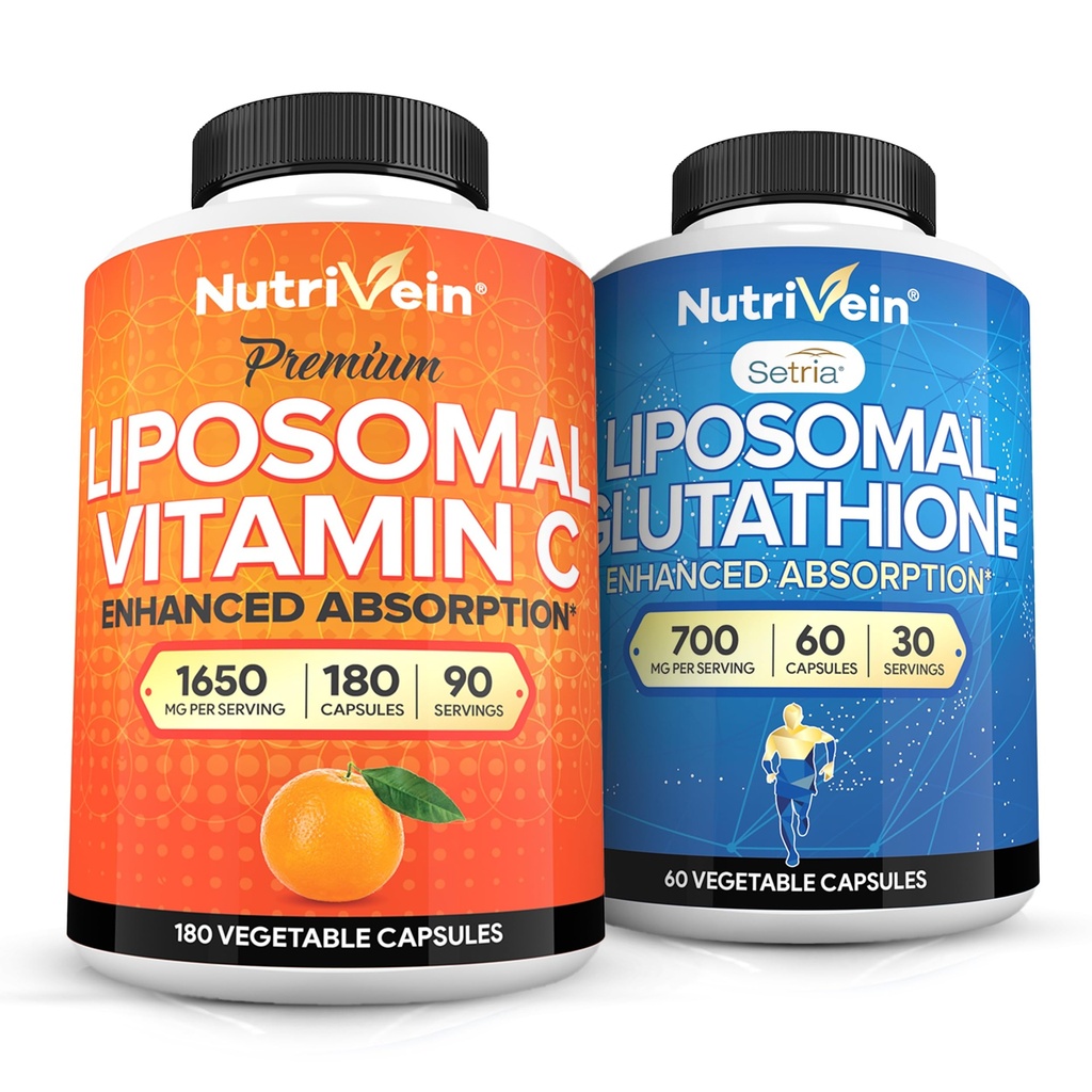 Nutrivein Premium Lipozomálne Vitamín C 1650 mg & Lipozomálne Glutatión Bundle - vysoká absorpcia Kyselina askorbová Plus Master Antioxidant & Pečeň Čistenie - non-GMO, Vegan/Vegetarián - 180 + 60 Kapsule