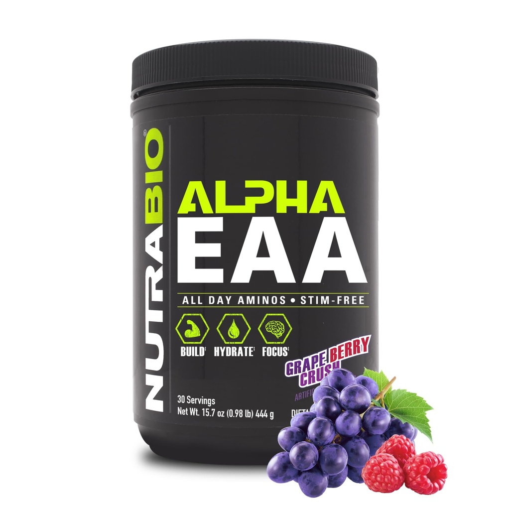 NutraBio Alpha EAA - All-Day Amino Acides for Muscle Growth and Hydration - Essential Amino Acides with Nootropics & Adaptogens- Full Spectrum EAA BCAA Powder - 30 Servings - Grape Berry Crush
