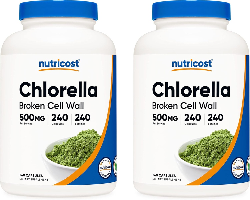 Nutricost Chlórella kapsuly (2 fľaše) 500 mg, 240 kapsúl na fľašu