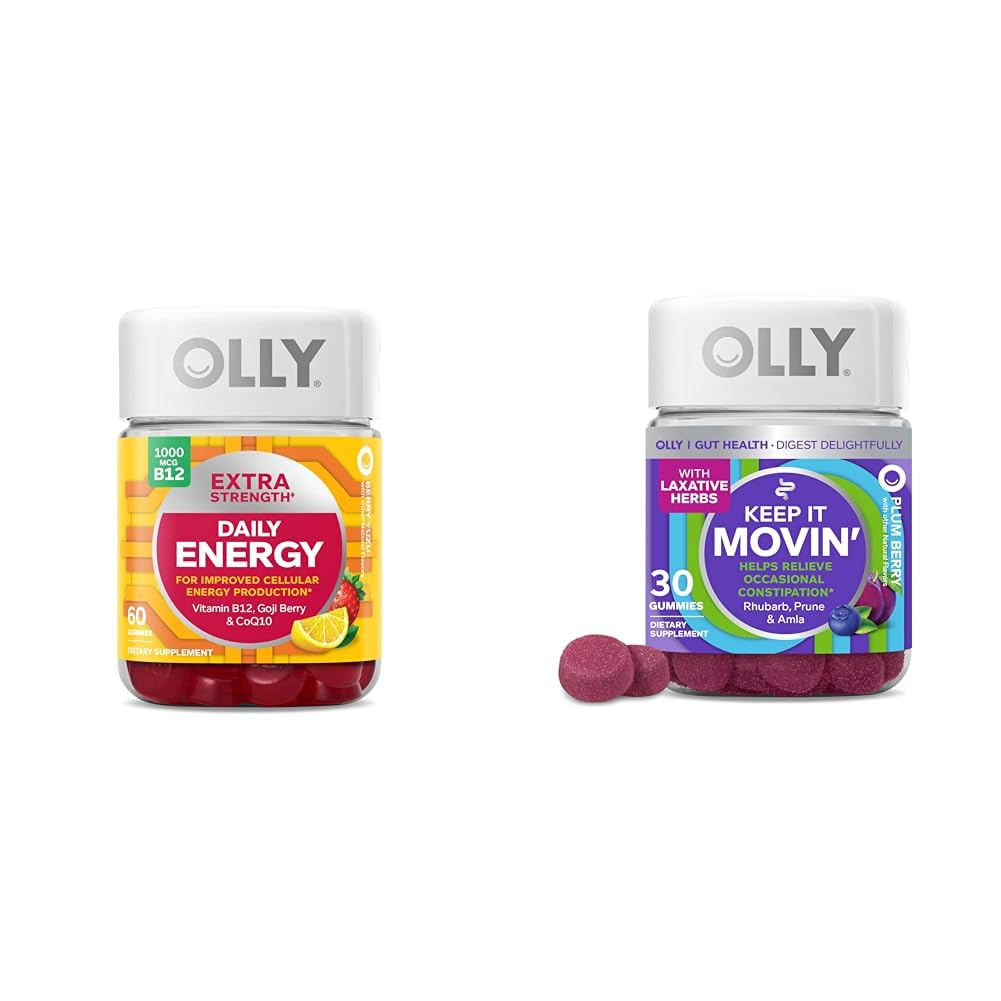 OLLY Extra sila Denná energia Gummy s vitamínom B12, CoQ10, Goji Berry, 60 Počet a udržať pohybujúce sa Zápcha Relief Gummy s rebarborou, Prunes, Amla, 30 Počet