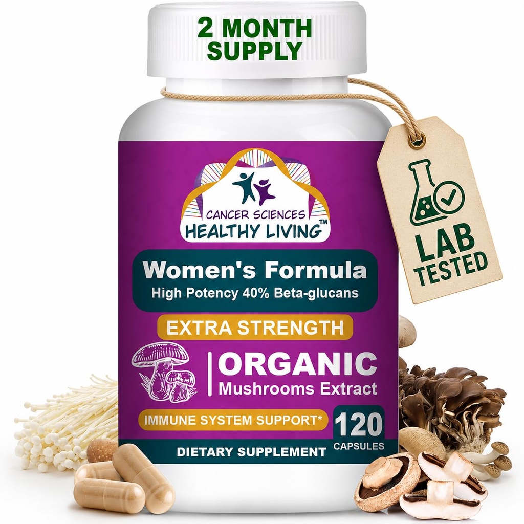 Rakovinové vedy Organický multivitamín pre ženy - Hubový doplnok extrakt - Hormonálne a imunitné podporné vitamíny - 1500 mg wellness komplex Non-GMO s 40% Beta-Glucans,120 kapsúl