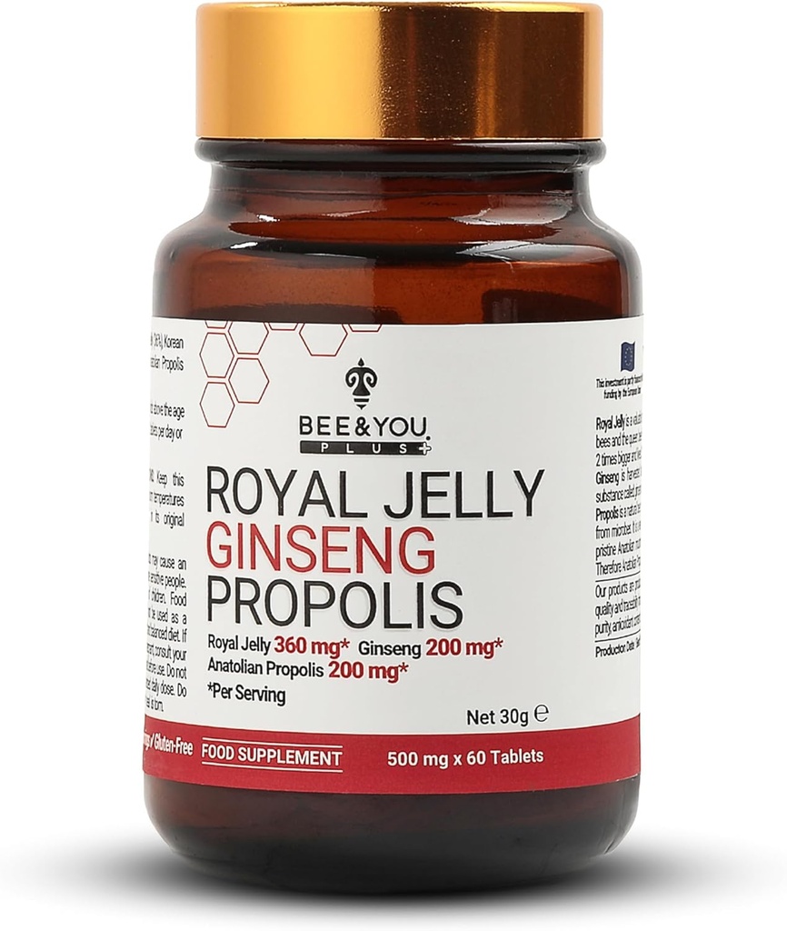Včela a kráľovská želé s ženšen tablet, Propolis extrakt, 60ct, 100% prírodné superpotraviny, Ultra Pure, Imunitná podpora doplnok, Antioxidanty, Keto, Paleo, Gluten-free