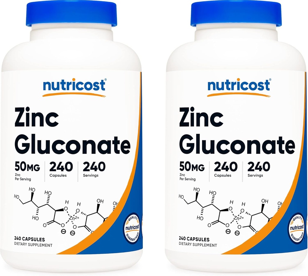 Nutricost Zinok Glukón 240 Veggie Kapsule (50 mg) (2 fľaše) - Bezlepok a non-GMO