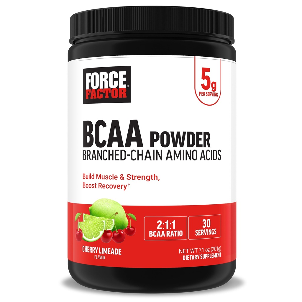 Force Factor BCAA Amino Acids Supplement 2:1:1, Delicious and Refreshing BCAA Powder na podporu svalovej obnovy a výkonu, žiadne umelé farby alebo príchute, Cherry Limeade, 30 Servings