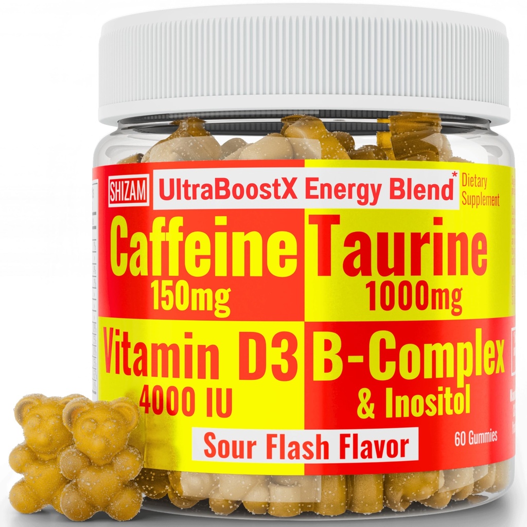 SHIZAM Taurín 1000mg Kofeín 150mg Energy Gummies w D-3 B-12 B Complex Inozitol, gélové gély Vitamíny Nápoje Kapsule Nápojové poháre Žuvacie pilulky Prášok Alt, Bežiaci bežci Supplements
