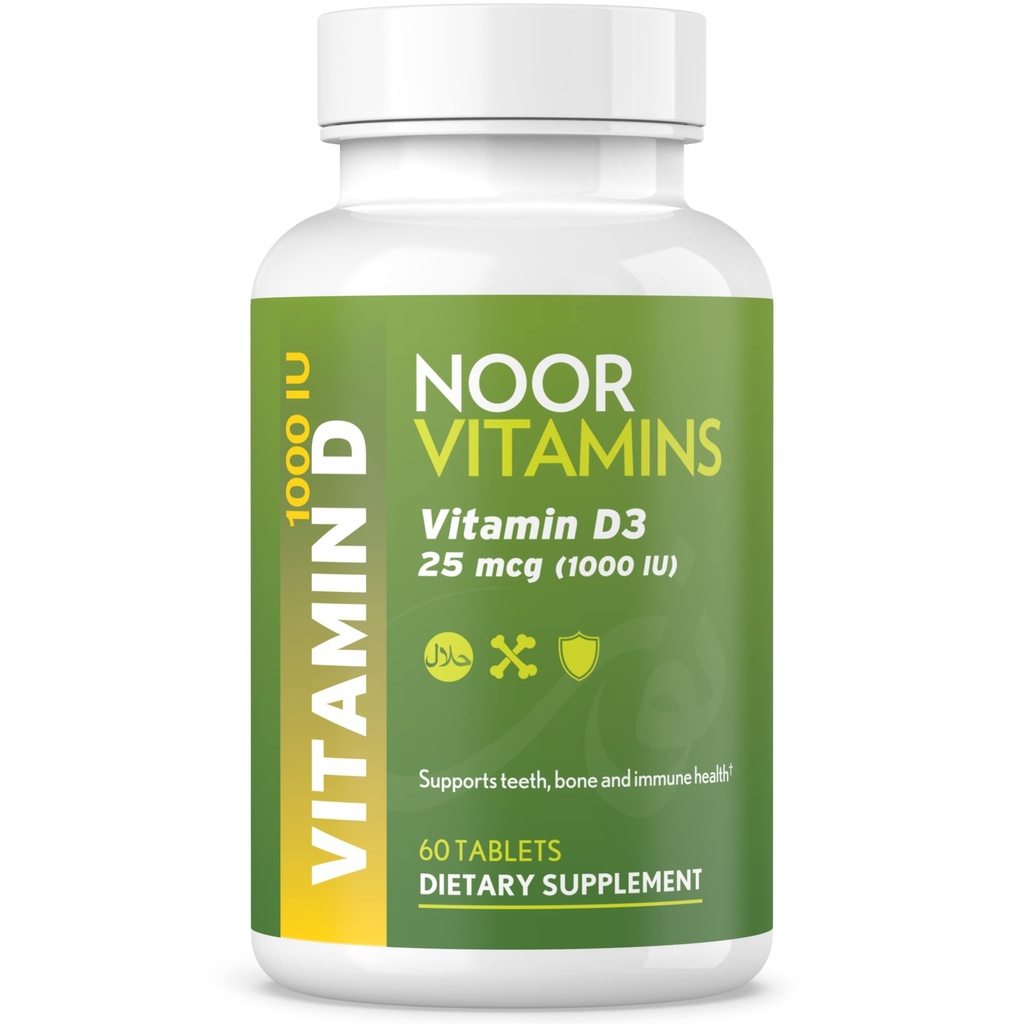 Noor Vitamíny Halal Vitamín D, Halal Vitamín D3, 1000 IU Tablety, podporuje kosti, Immune & Heart Health, non-GMO, Gluten Free & Halal (60 počet)