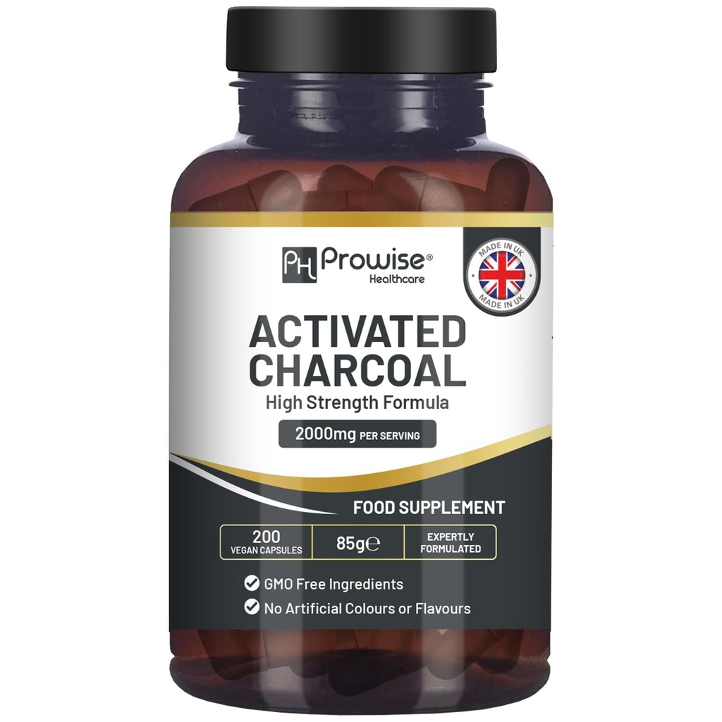 Aktivované Charcoal Kapsule - 200 High Strength Vegan Kapsule- 2000 mg per Serving I Made in The UK by Prowise Healthcare