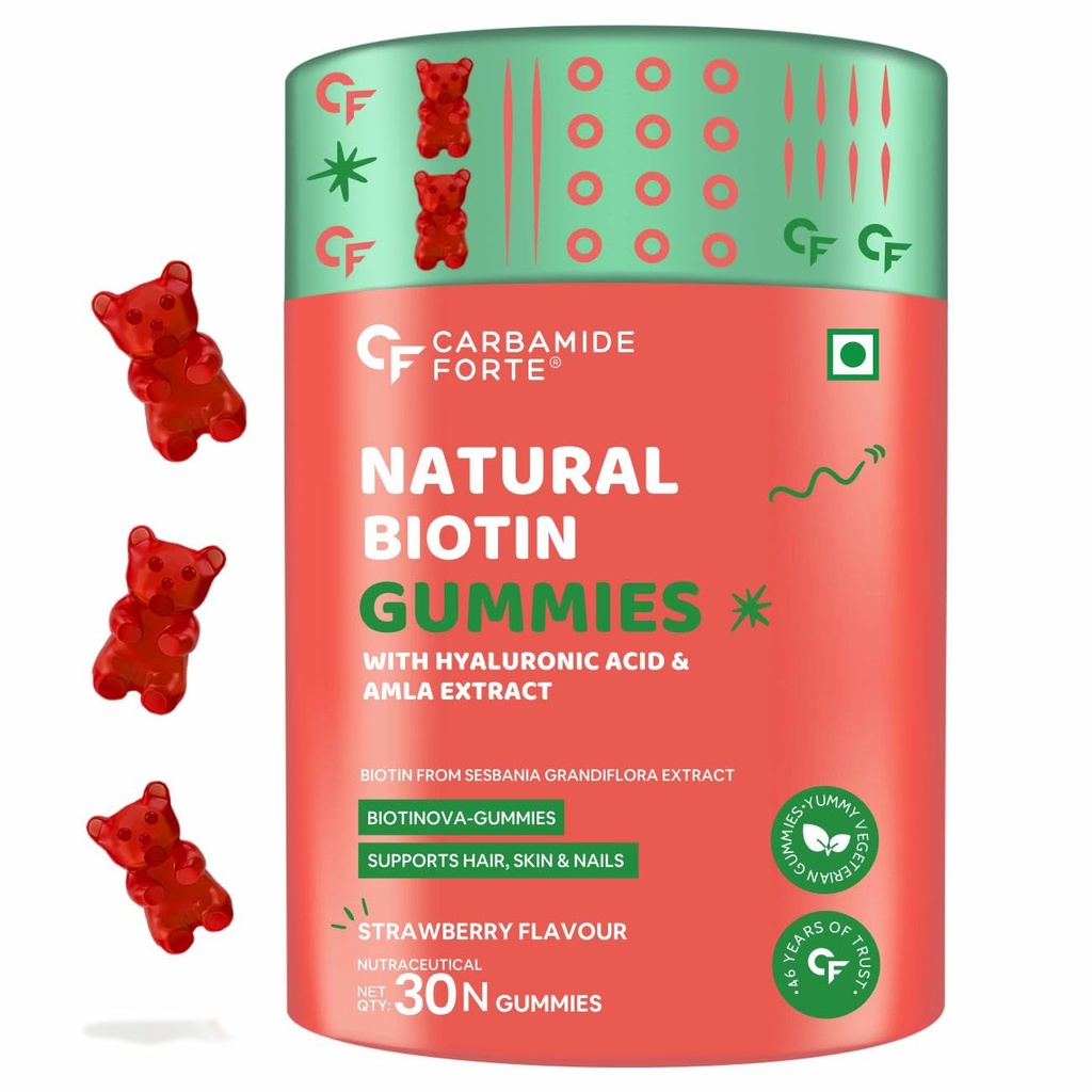 Carbamide Forte Biotin Gummies for Hair Growth | Supplement for Men & Women | - 30 Veg Strawberry - Flavored Gummies