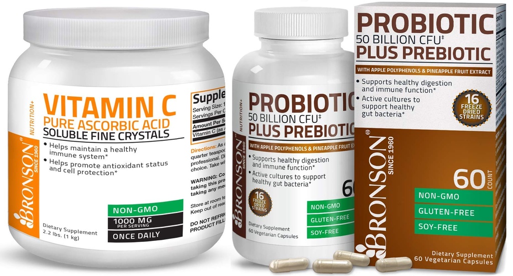 Bronson Probiotic 50 miliárd CFU + Prebiotic with Apple Polyphenols & Ananás Fruit Extract Vitamín C prášok Čistá kyselina askorbová Rozpustná jemných nekryštálov