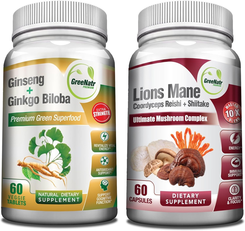 GreeNatr Mušroom Supplement, 10-in-1 Blend with Lions Mane, Cordyceps, Shiitake, Chaga, Turkey Tail, v kombinácii s našou energiou a mozgu zameranie Natural Booster of Ginseng Root a Ginkgo Biloba