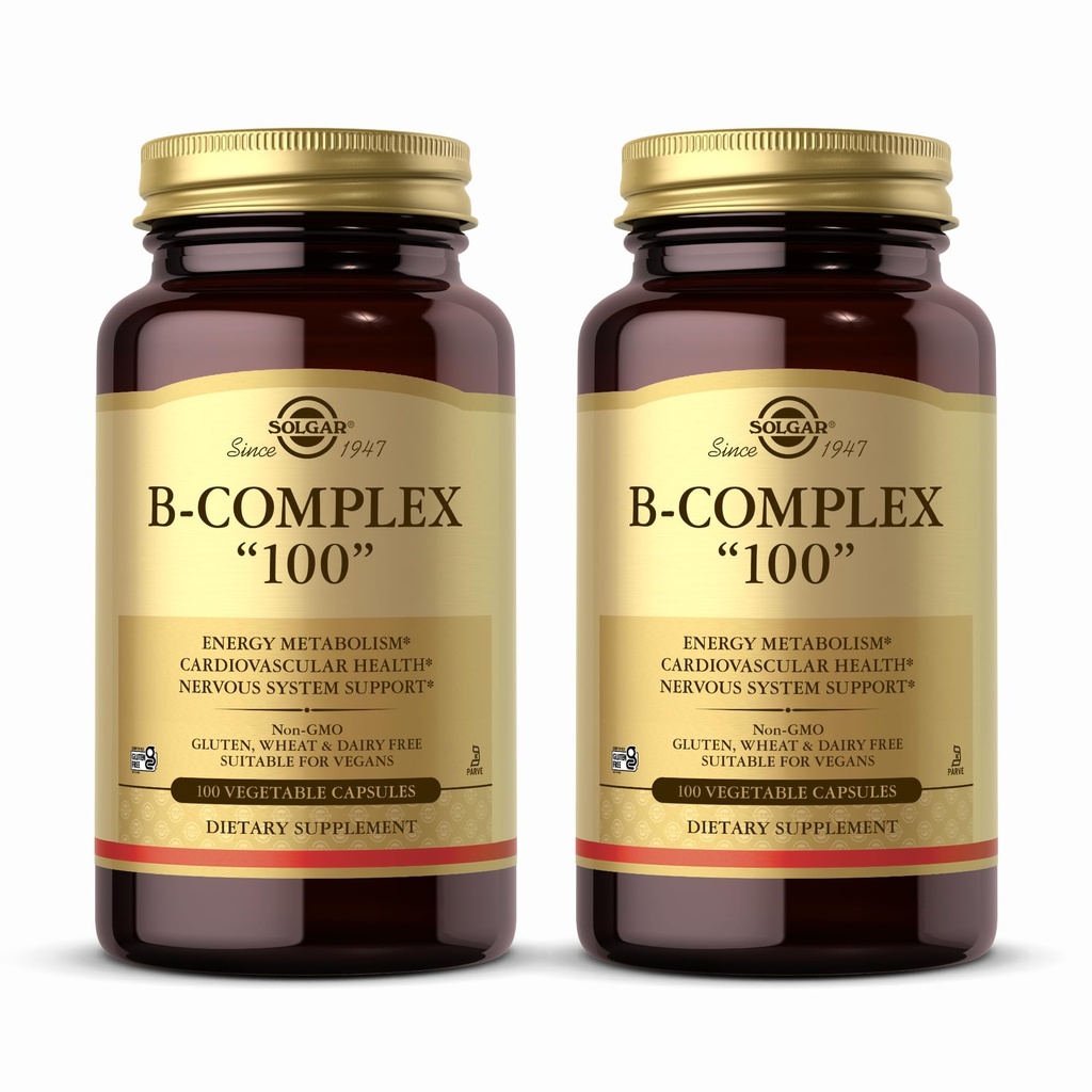 Solgar B-Complex 100" - 100 rastlinných kapsúl, balenie po 2 - Energetický metabolizmus, podpora nervového systému - Non-GMO, Vegan, Gluten Free - 200 Celkové služby