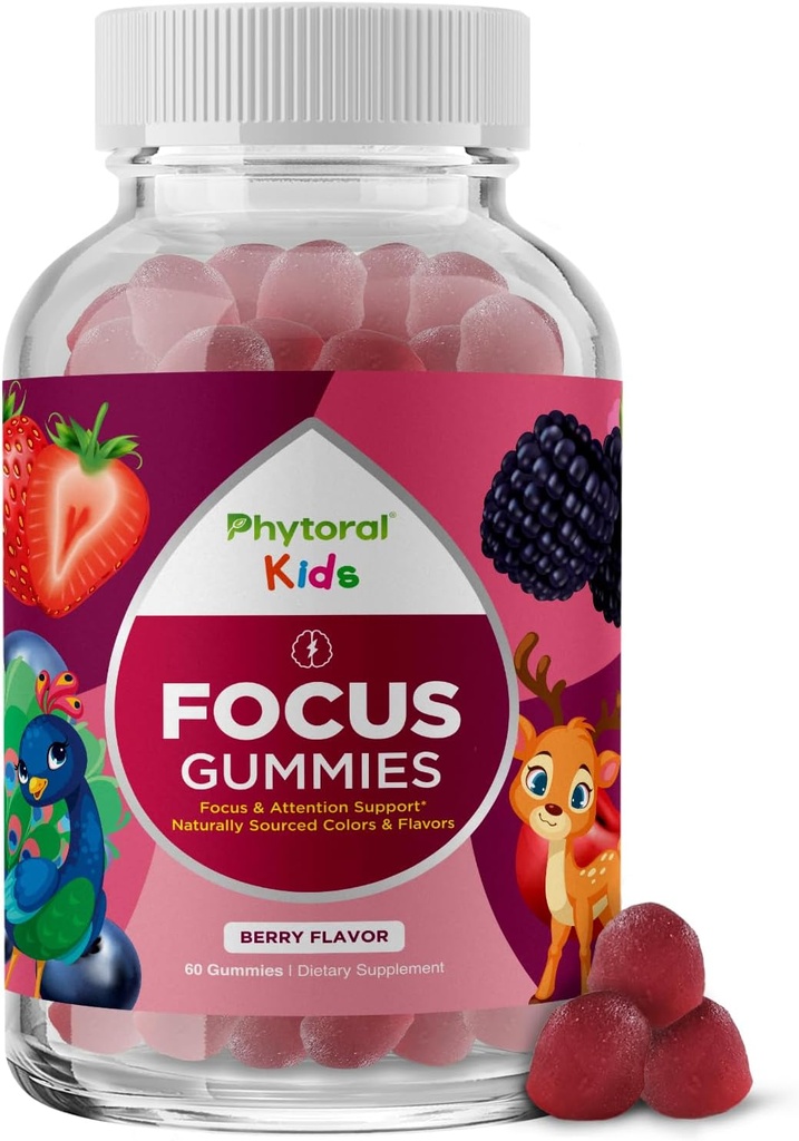 Phytoral Vegan Kids Focus Gummies - Silná Chewable Podpora mozgu pre deti - Zvyšuje koncentráciu a pamäť - Pokojné doplnky a zameriavacie Gummy pre deti - Non-GMO & Gluten-free - 60 Počet