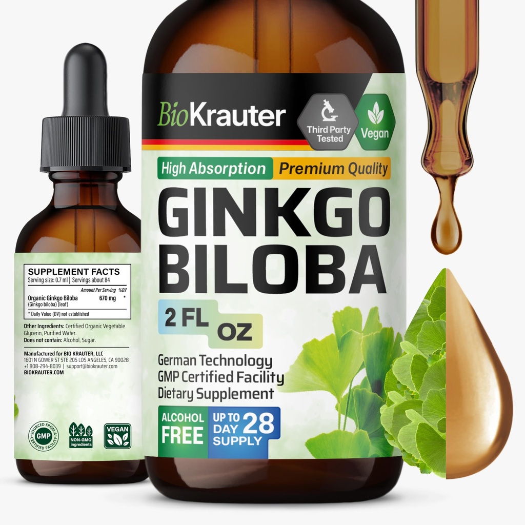BIO KRAUTER Ginkgo Biloba Extract - Liquid Ginkgo Biloba Doplnky pre mozog - Vegan, alkohol a cukor bez - 2 Fl Oz