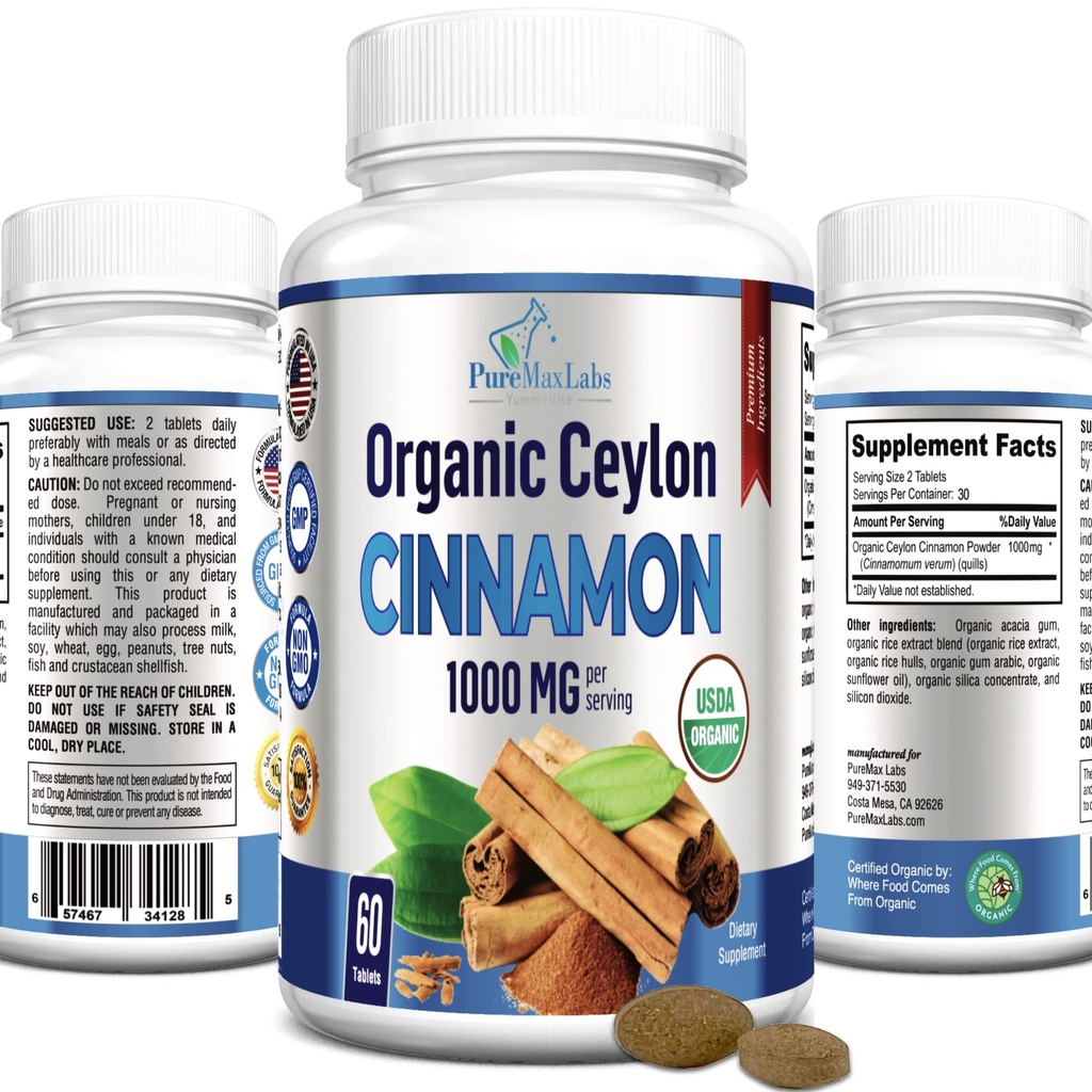Organické Ceylon škorica - 1000mg per Serving, Certified Organic True škorica Supplement, antioxidant, rýchla absorpcia - 60 tabliet