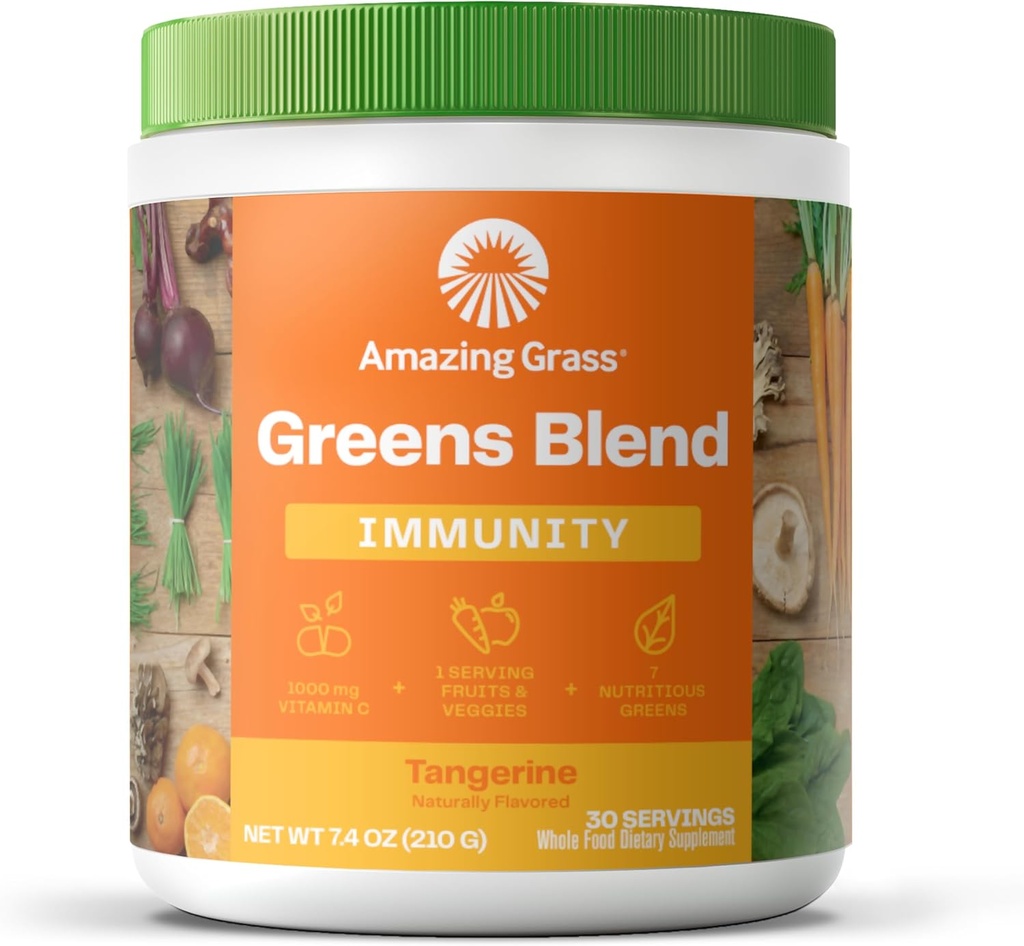 Amazing Grass Green Superfood Imunity: Super Greens Powder s vitamínom C, Cordyceps, Repeat Root Powder & Reishi Huby, Tangerine, 30 Servings