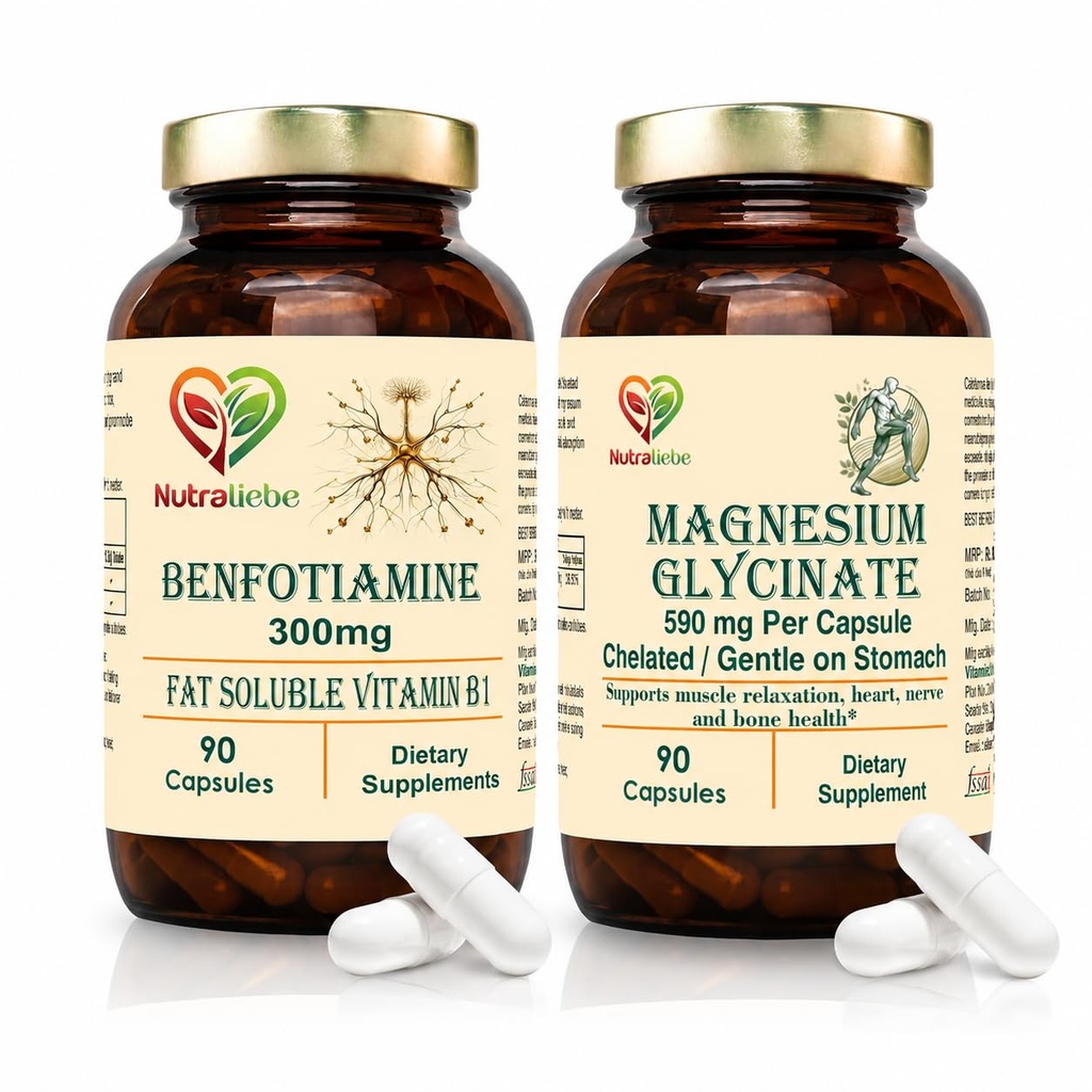 Nerve + Relaxation Wellness Duo | Benfotiamine 300mg + Magnesium Glycinate 590mg | 90 Capsules Each