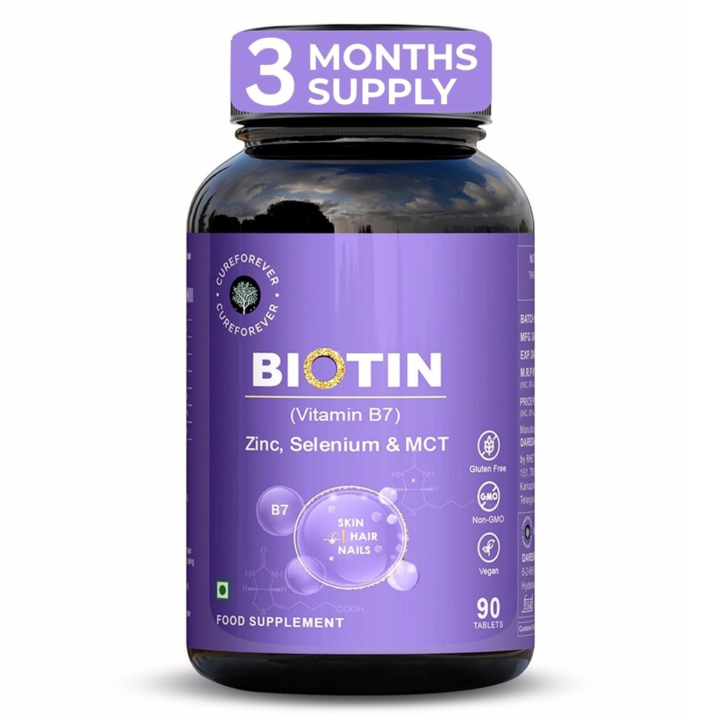 CUREFOREVER Biotin Tablets for Hair Growth, Skin & Nails – 100% RDA with Zinc, Selenium & Coconut MCT | Supplement For Healthy Hair, Nails & Skin | 90 Veg Tablets for Men & Women | 3 Months Supply | 1 Daily Dose