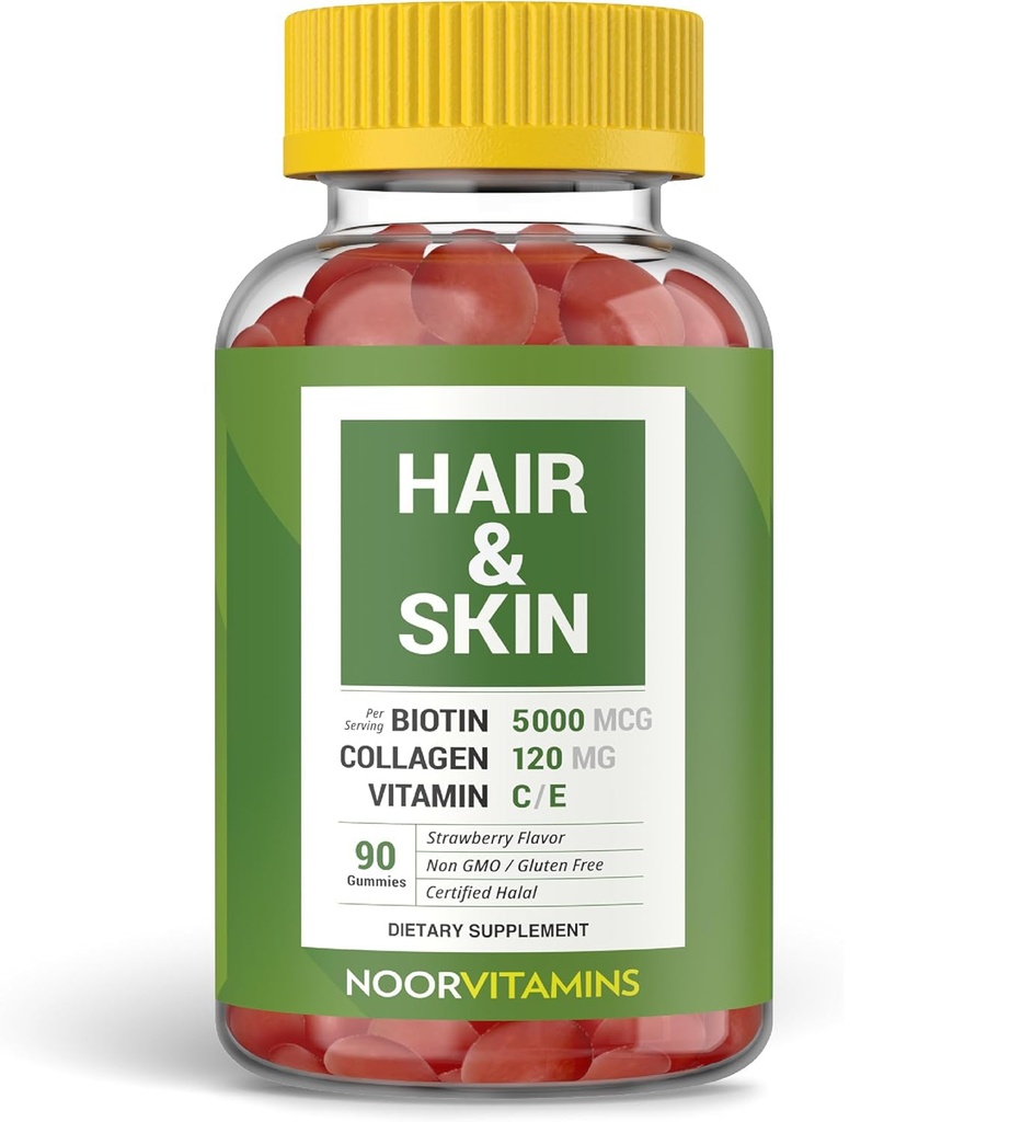 Noor Vitamíny Halal Vlasy Vitamíny Biotín, Kolagén, Silica, Vitamín C a E podporuje vlasy, koža a nechty zdravie; Prírodné jahodové Gumové vitamíny. GMO, bez lepku a certifikovaný vitamín Halal (počet 90)