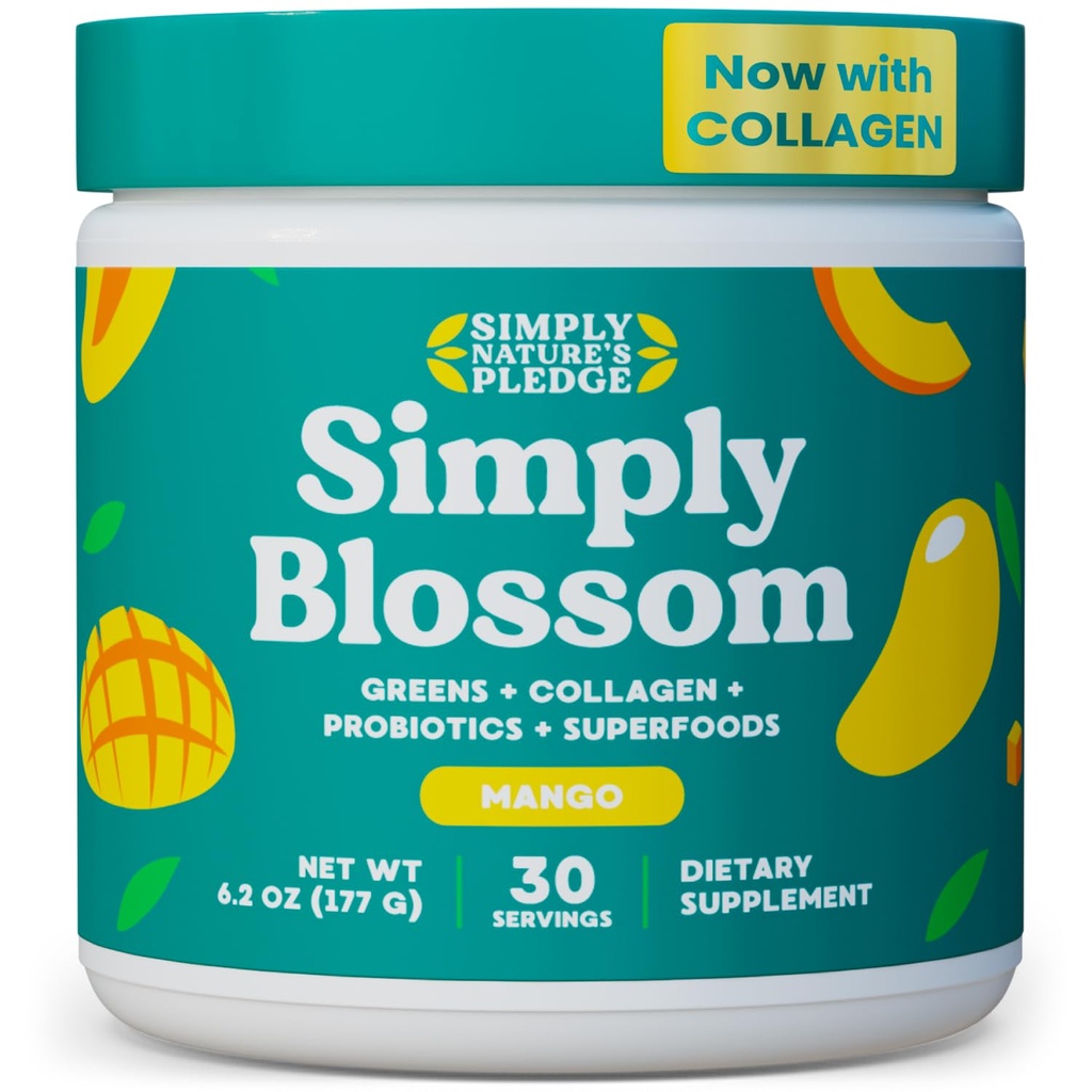 Jednoducho Blossom Nutrition Daily Greens & Superfood Powder + Collagen + Probiotiká pre ženské trávenie zdravie a úľava od chuti. Pomôžte svojmu zdraviu kvitnúť - 30 dní dodávky - Mango