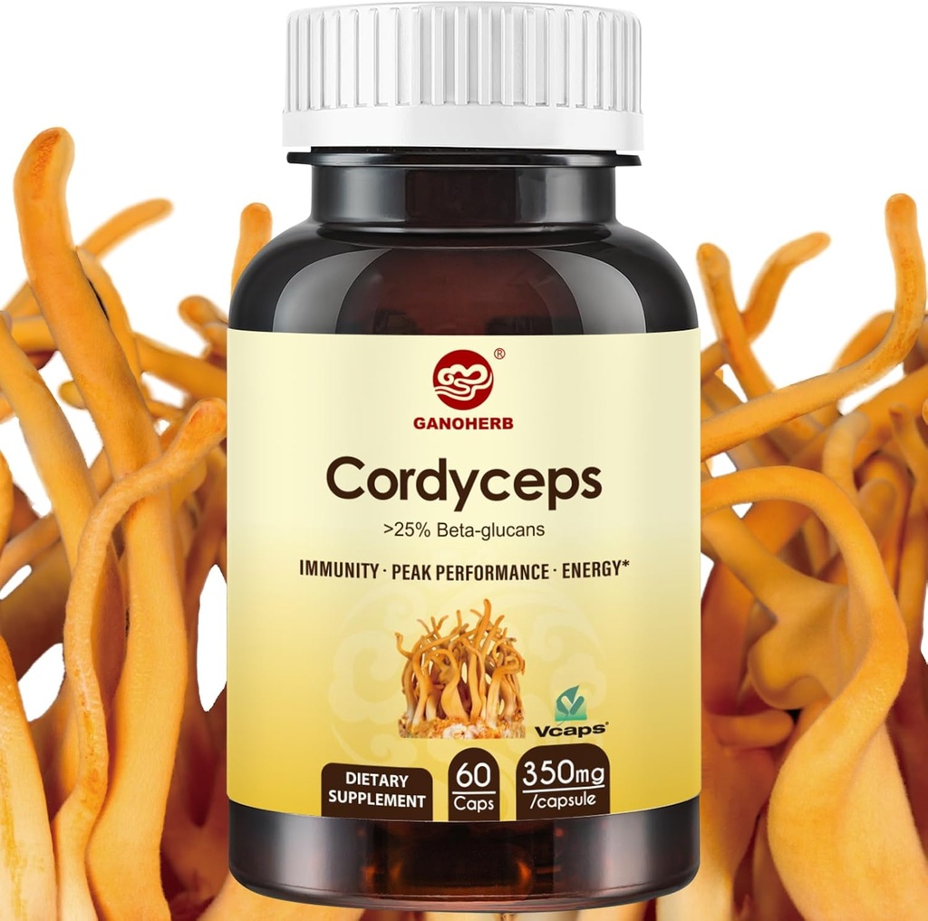 Cordyceps Kapsule, Mushroom Extract Supplement Powder s 31% Beta Glucan for Performance, Energy and Immune System Support, 700 mg, 60 gróf, Organic and Vegan