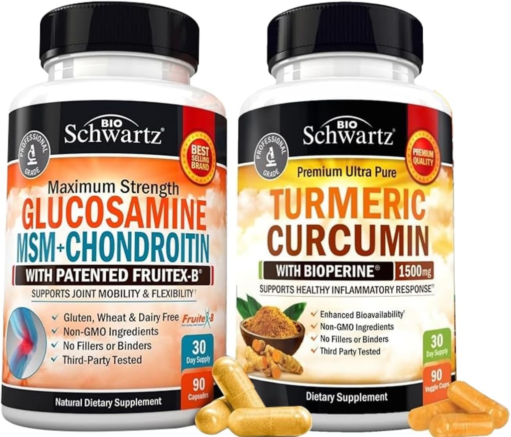 BioSchwartz Turmeric Curcumin s Black Pepper Extract 1500mg komplex (1 mesiac dodávky) Plus glukozamín Chondroitín MSM Triple sila Joint Support Supplement (1 mesiac dodávky)