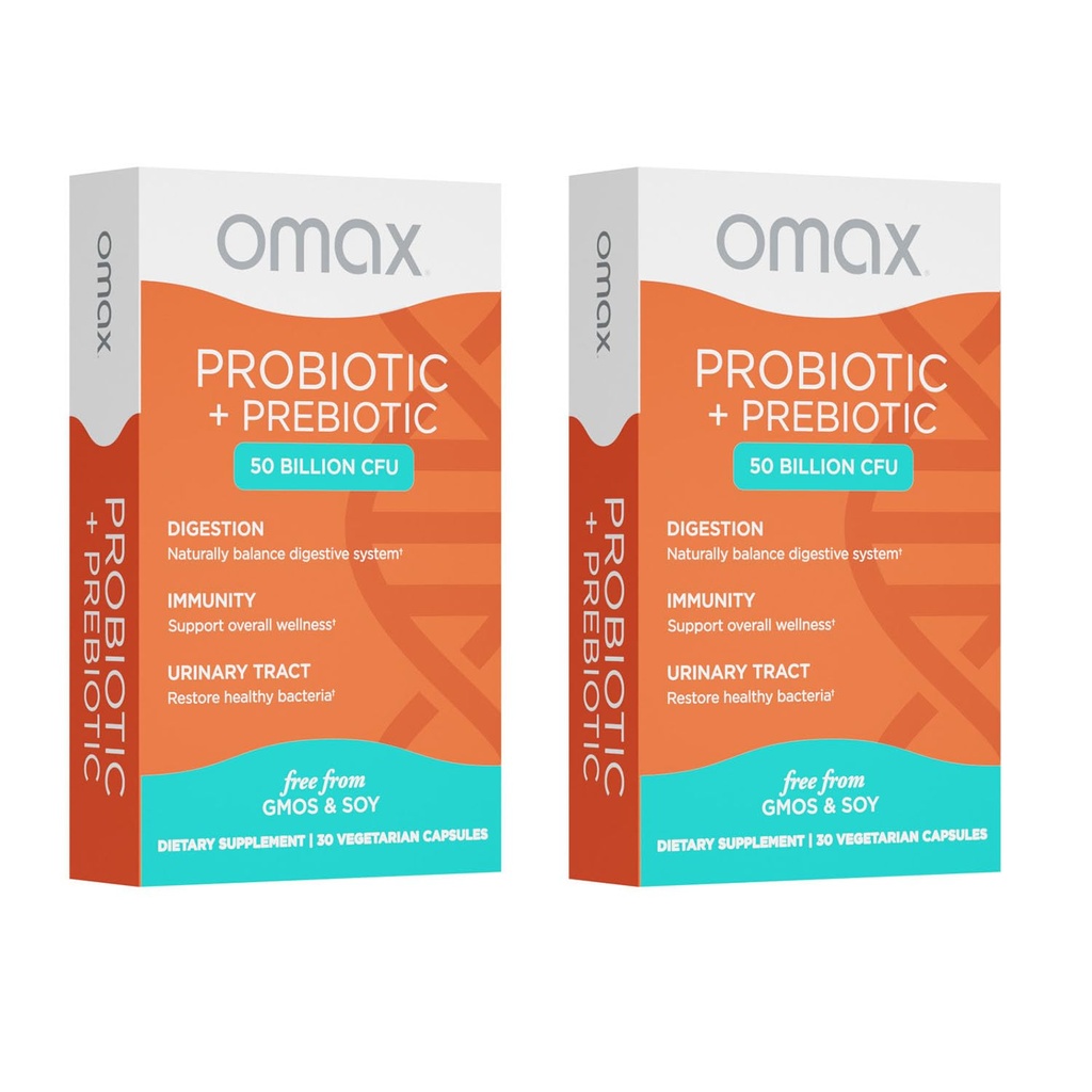 Omax3 Prebiotická a probiotická 50 miliárd CFU + kaskadrínska inulín, 10 kmeň, zníženie chuti do jedla, zažívacie ťažkosti, SIBO, leaky Gut, vaginálne pH, Acidophilus, Vegan, bez mlieka, bez lepidla, blistrové balenie (2 balenia)
