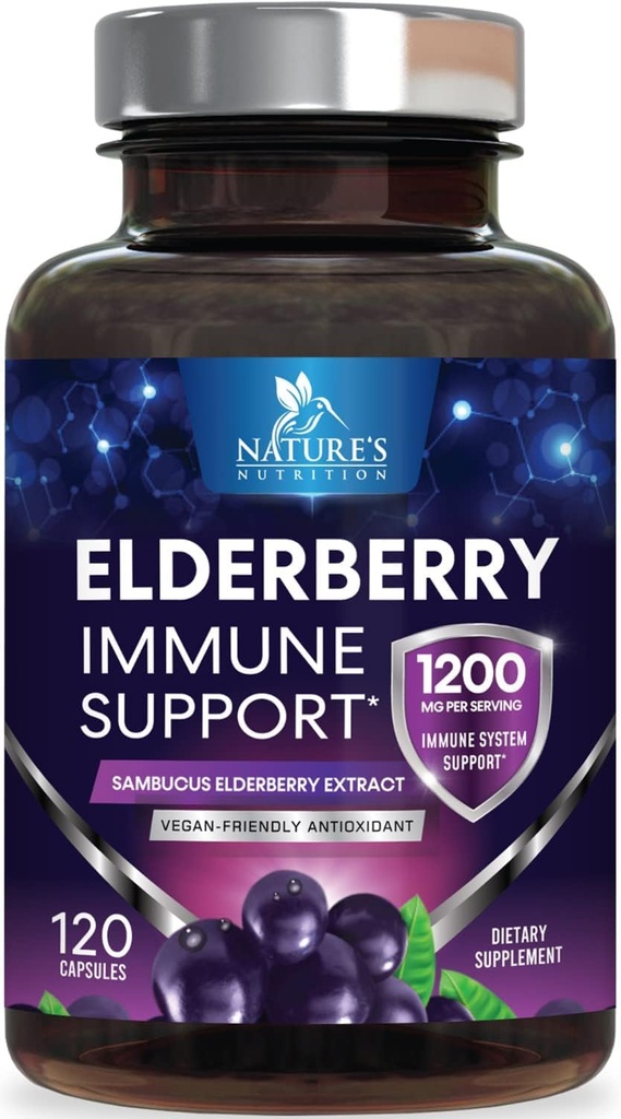 Brusnica Imunitná podpora 1200 mg - Denná imunitná podpora pre dospelých s koncentrátom Sambucus Black Elderberry extrakt - Antioxidant vitamín Supplement, bez lepidla, fľaša v USA - 120 Kapsule