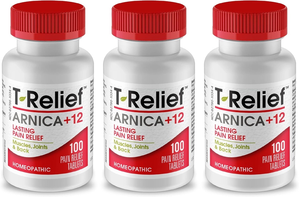 T-Relief Arnica +12 Natural Relief Actives for Back Pain Bolesť kĺbov Bolesť svalov a stuhnutosť, celé telo Rýchle pôsobenie Relief pre ženy a mužov - 100 tabliet (3 balenia)