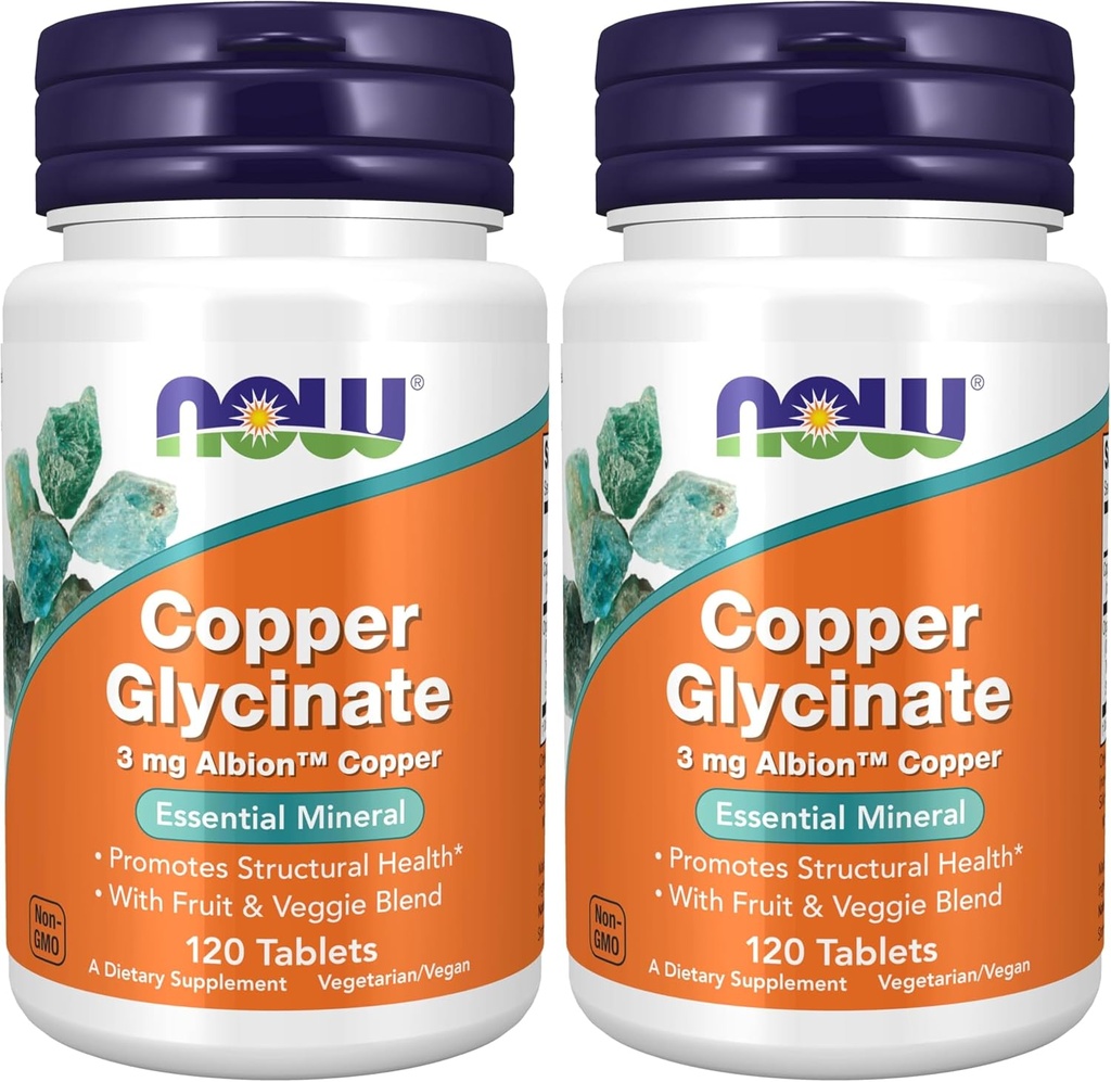 NOW Supplements, Copper Glycinate with 3mg Albion Copper, Promotes Structural Health*, 120 Tablets, Light Gray, Tan (Pack of 2)