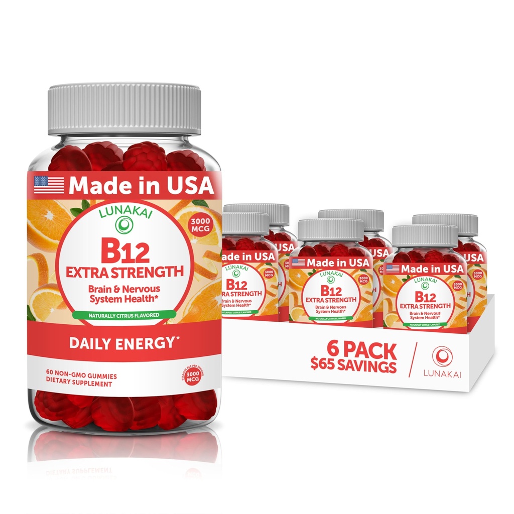 Vitamín B12 Gummy pre dospelých - najchutnejšie úžitkové Formula - 3000mcg Metyl B-12 vysoká absorpčná energia Gummy - Non-GMO Vegan Vit B12 - Chewable B 12 pre podporu energie a zdravie kostí - 6 balenie