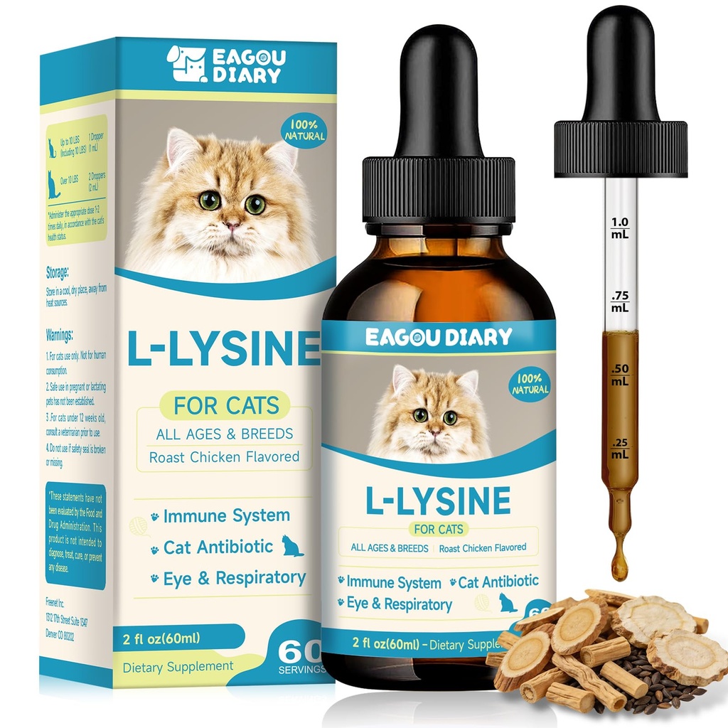 L-lyzín pre mačky,Lyzín kvapky Imunitná podpora Doplnky,Kýchanie,Cold,Allergy Relief,Runny Nos,Feline Respiration,Prírodné antibiotiká pre mačky s Colostrum,Taurine (Rast Chicken Flavor/2floz)