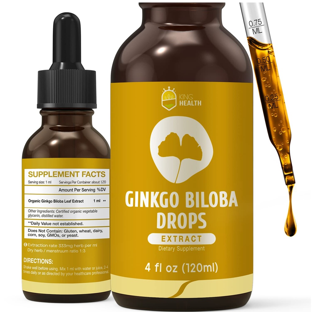 Organické Ginkgo Biloba Extract Liquid Supplements, Mozog & Focus Support, 98% Absorpcia, Vegan, Non-GMO, Alkohol & Gluten Free - 4 Fl Oz