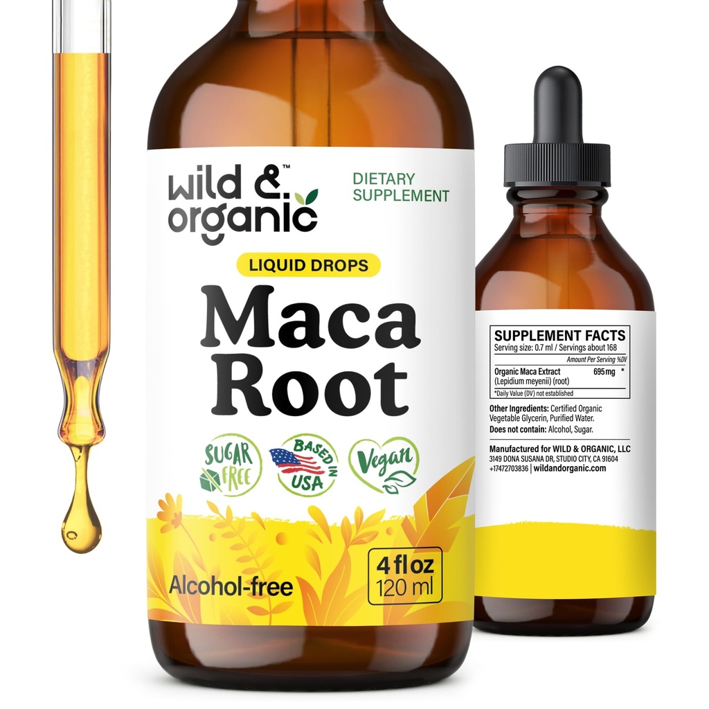 Wild & Organic Maca Root Tekuté kvapky pre mužov a ženy - peruánska Maca Tinktúra pre celkovú podporu - Vegán, cukor a alkohol bez doplnok - 4 fl oz