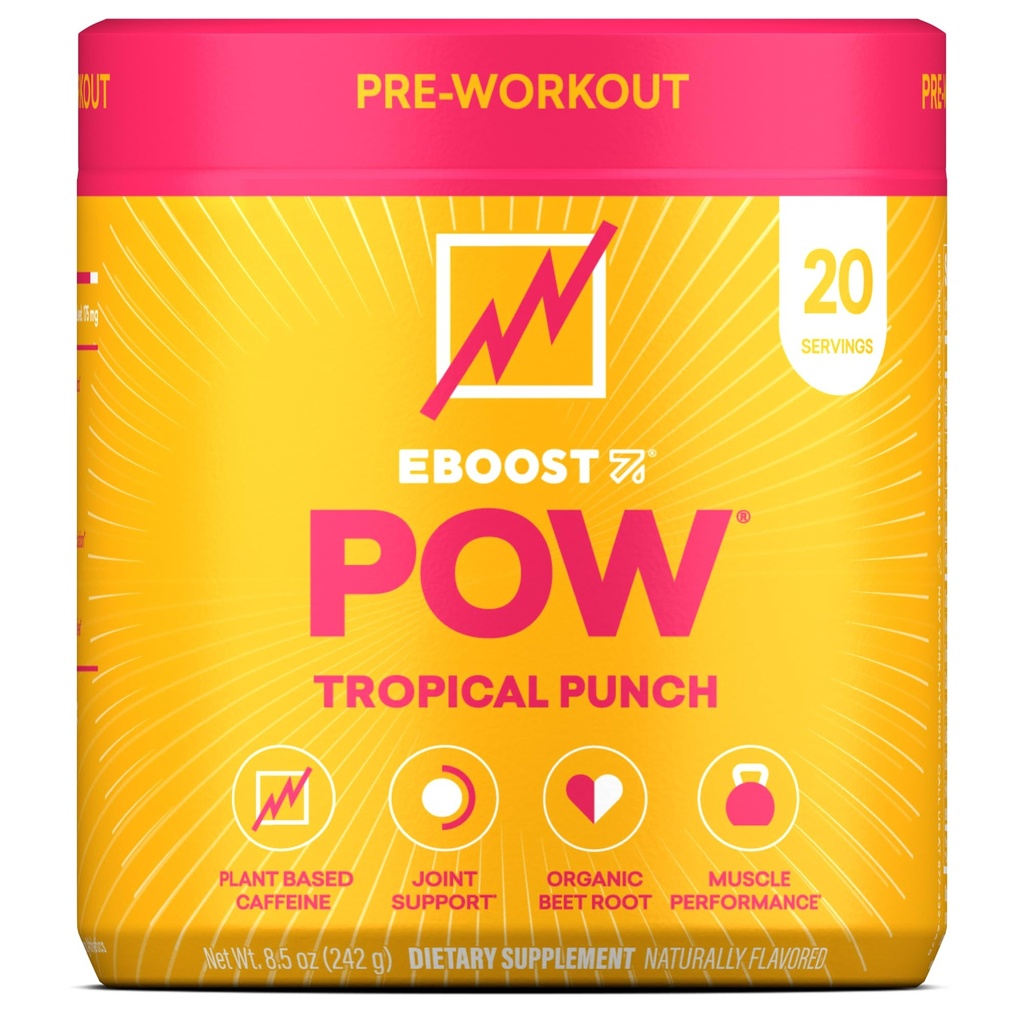 EBOOST POW Natural Pre Workout Powder 20 Servírovanie - Tropical Punch - Predcvičenie doplnok pre výkon, Spoločná podpora mobility, energia, zameranie - Muži a ženy - Non-GMO, Gluten-free, žiadny Creatin