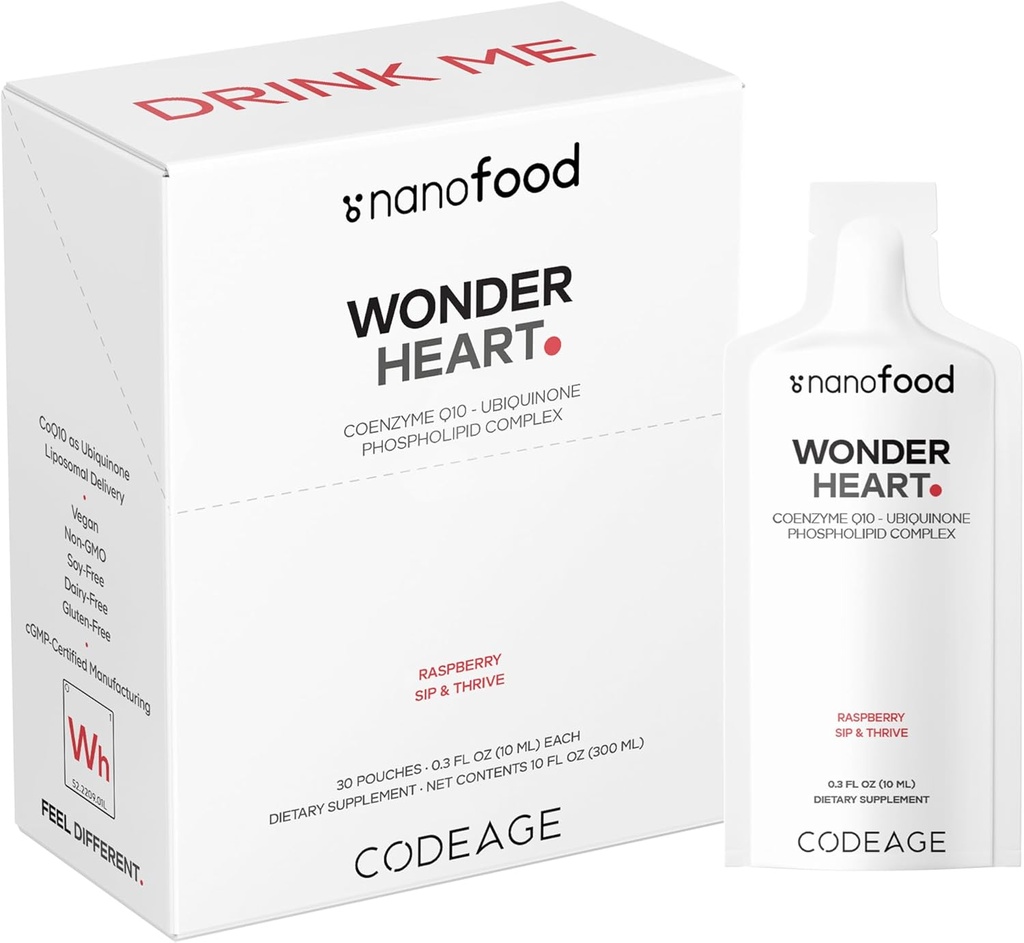Codeage Wonder Heart Liquid CoQ10 Lipozomal Ubichinón Supplement, Coenzým Q10 Heart Vitamíny, NeGMO slnečnica Fosfatidylcholín Vegan Blend, Malinová Ochutená Softgel, Balenie 30 Pouchy